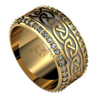 Кельтское венчальное кольцо с узором и двумя рядами драгоценных камней