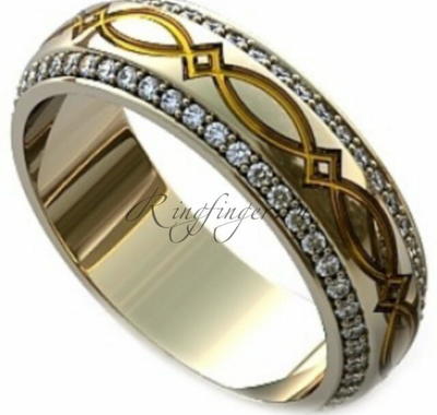 Кельтское кольцо для свадьбы плоского типа с многочисленными камнями и узором