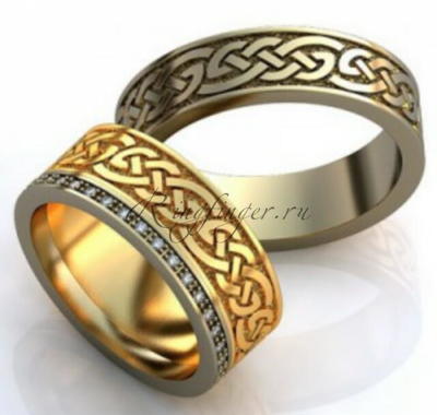 Традиционное кельтское кольцо для венчания с украшением в виде камней с одной стороны изделия
