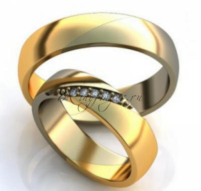 Широкое классическое венчальное кольцо в двухцветном исполнении и с бриллиантами