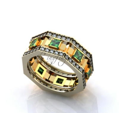 Комбинированное венчальное кольцо с изумрудами и бриллиантами в форме многогранника