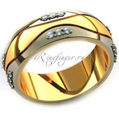 Свадебное кольцо с необычным комбинированным узором и множеством бриллиантов