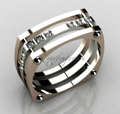 Модель Квадратное обручальное кольцо из трех частей и с камнями доступна для изготовления на заказ