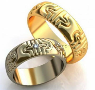 Брендовые кольца для свадьбы с рельефным узором и бриллиантом