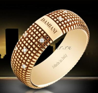 Широкие брендовые кольца для свадьбы с эффектным узором и надписью Damiani