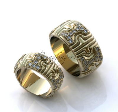 Широкие брендовые венчальные кольца с эффектным узором и камнями