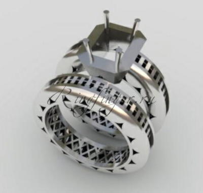 Двойное обручальное и помолвочное кольцо с узором по всей поверхности