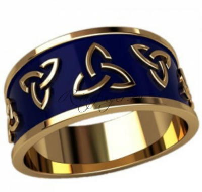 Обручальное кольцо с эмалью синего цвета и кельтским узором