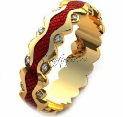 Обручальное кольцо с волнистыми краями и красной эмалью