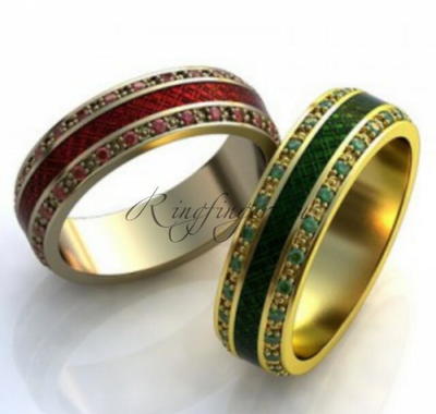 Узкие и плоские обручальные кольца с эмалью и двумя рядами драгоценных камней