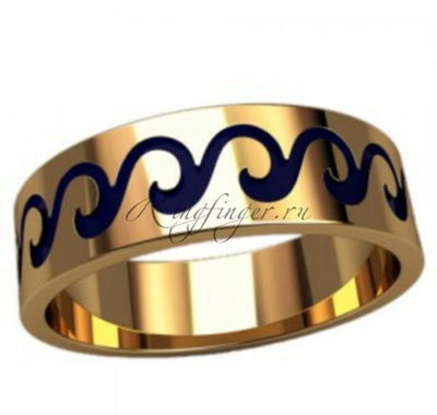 Плоское обручальное кольцо с узором эмалью - Морская волна