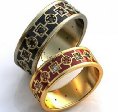 Кольца с эмалью для свадьбы с узором из квадратов и окружностей с камнями
