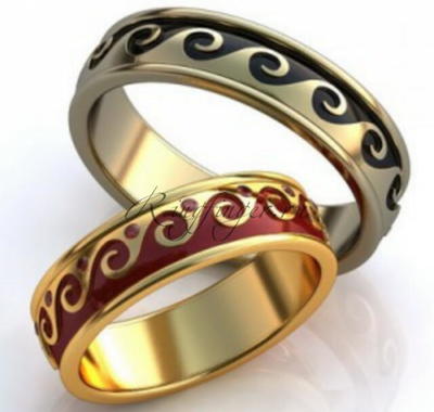 Узкие кольца для свадьбы с камнями и узором из эмали - Морские волны