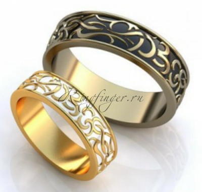 Толстые кольца для свадьбы с узором и белой или черной эмалью