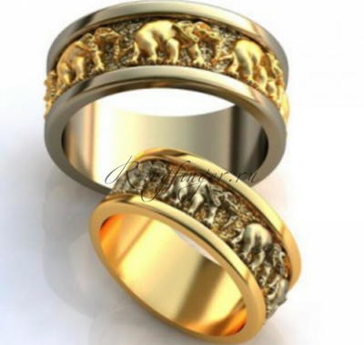 Широкое венчальное кольцо с объемным изображением животных