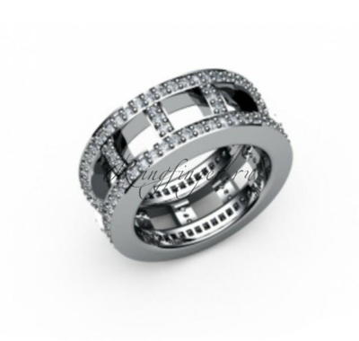Широкое кольцо для свадьбы сквозного типа и множеством небольших драгоценных камней