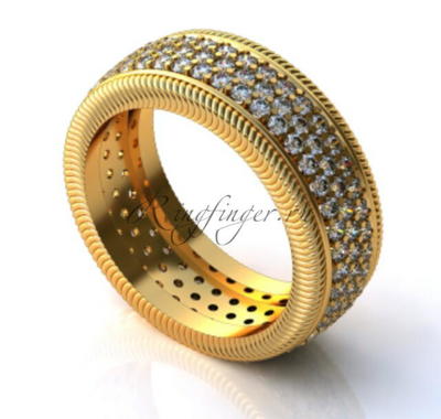 Эффектное кольцо для обручения с красиво оформленными границами и центральной частью из камней