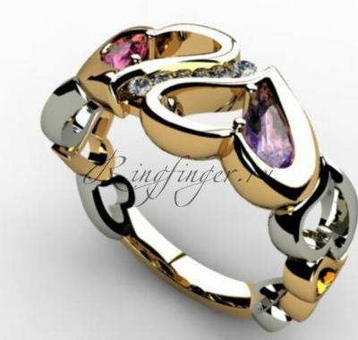 Обручальное кольцо из сердец с несколькими разновидностями драгоценных камней