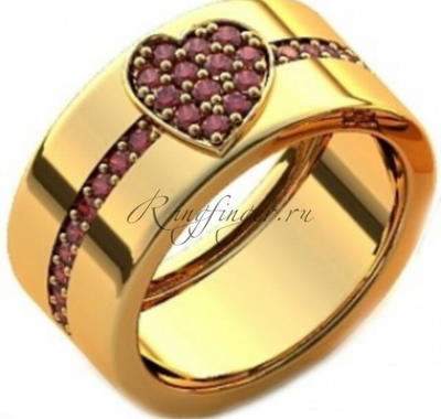 Широкое свадебное кольцо с большим рубиновым сердцем