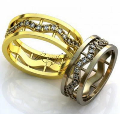 Сквозное венчальное кольцо с узором из тоненькой изгибающейся нитки бриллиантов