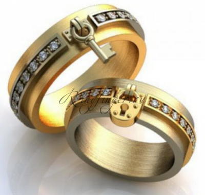 Оригинальные парные свадебные кольца с замком и ключом