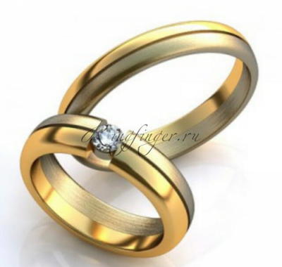 Классические парные кольца для венчания из двух видов золота и с камнем