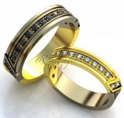 Узкие парные обручальные кольца с необычным узором из бриллиантов