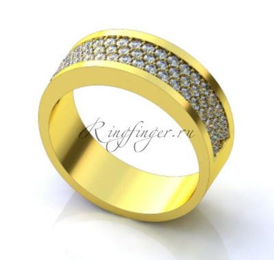 Плоское обручальное кольцо с широким охватом и вставкой из трех рядов бриллиантов