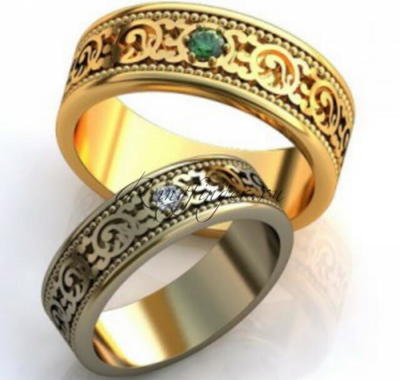 Плоское кольцо для венчания с необычным узором и драгоценными камнями