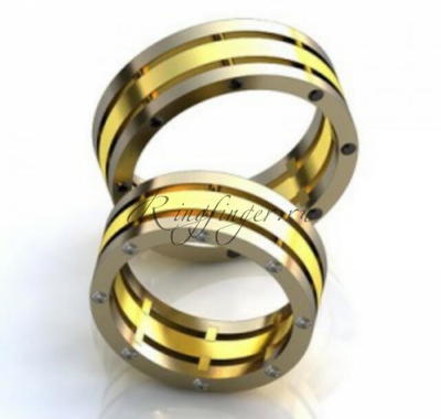 Плоское венчальное кольцо из трех полосок с камнями на гранях