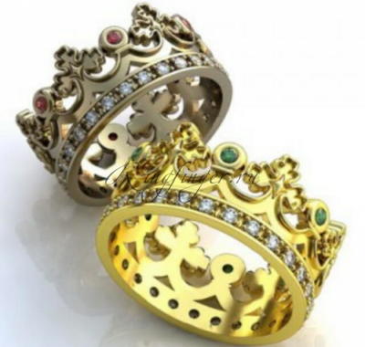 Венчальное кольцо классическая корона с несколькими видами драгоценных камней