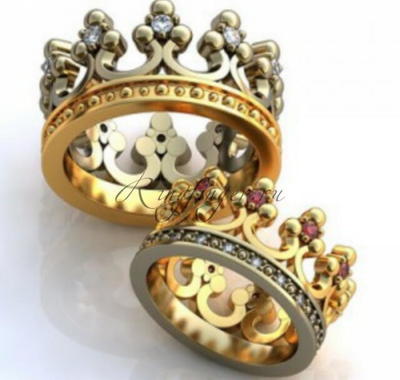 Венчальное кольцо в форме короны с камнями и в двухцветном исполнении