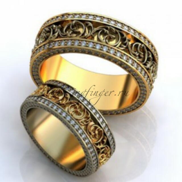 Ажурное кольцо для обручения с двумя рядами драгоценных камней