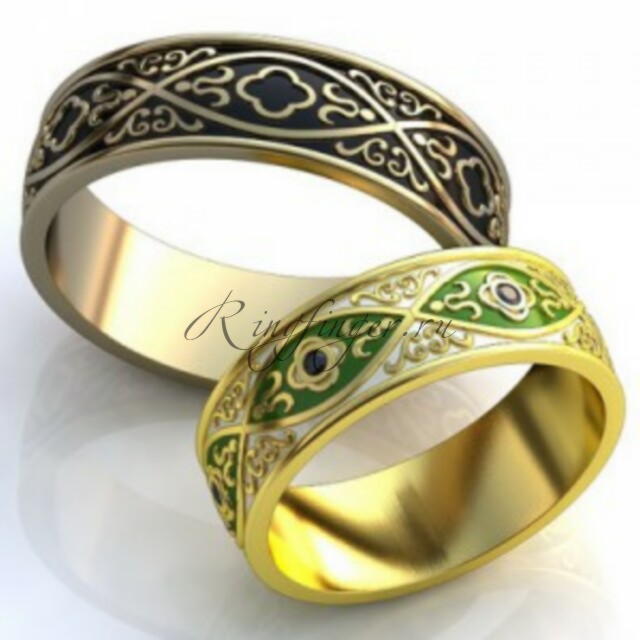 Богато украшенное кольцо для венчания с камнями и эмалью