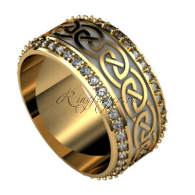 Кельтское венчальное кольцо с узором и двумя рядами драгоценных камней