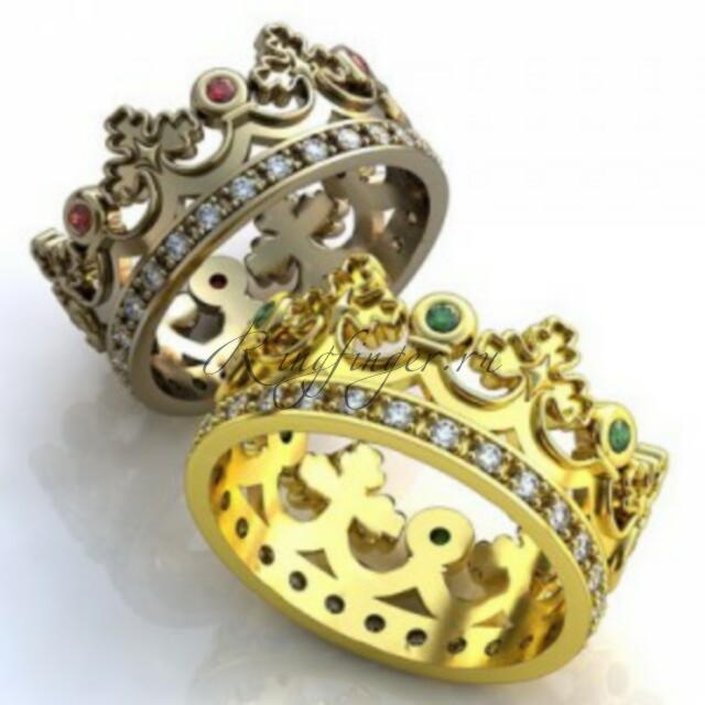 Венчальное кольцо классическая корона с несколькими видами драгоценных камней
