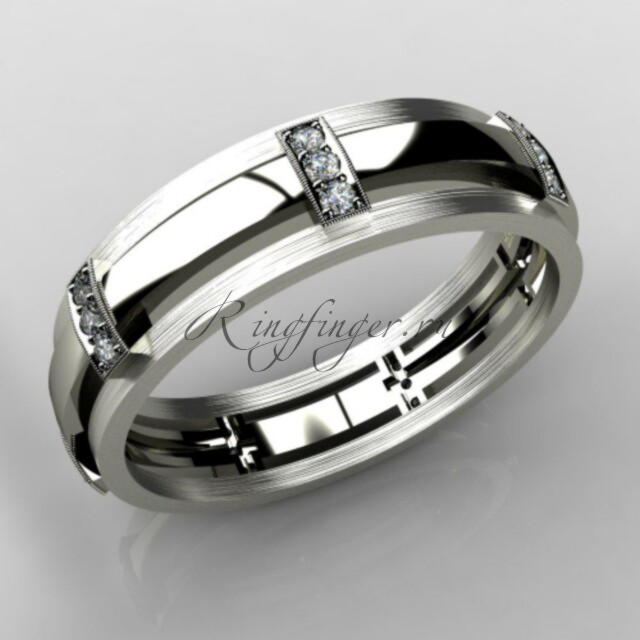 Плоское обручальное кольцо для мужчин с перпендикулярно расположенными украшениями из камней