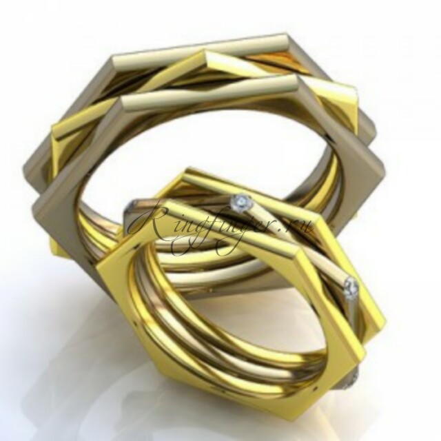 Многогранное мужское кольцо для свадьбы из трех частей с камнями
