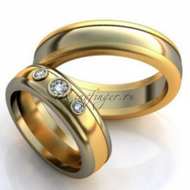 Двойные парные свадебные кольца с тремя драгоценными камнями