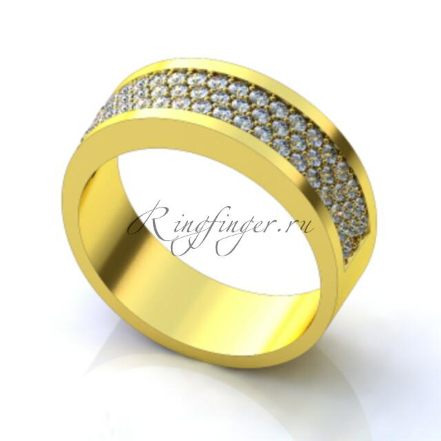 Плоское обручальное кольцо с широким охватом и вставкой из трех рядов бриллиантов