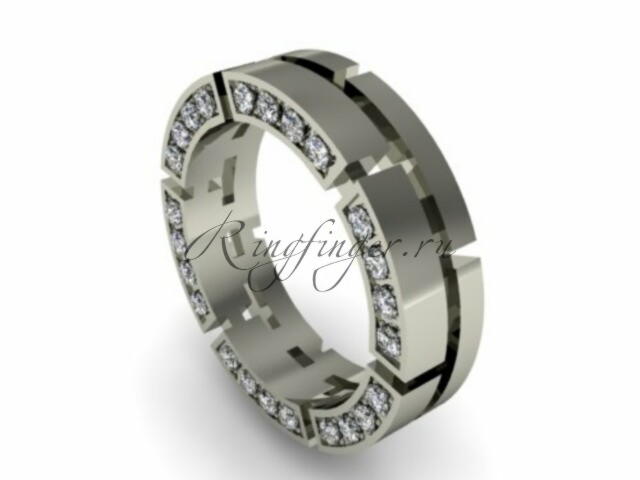 Плоское свадебное кольцо с множеством камней и сложной формы