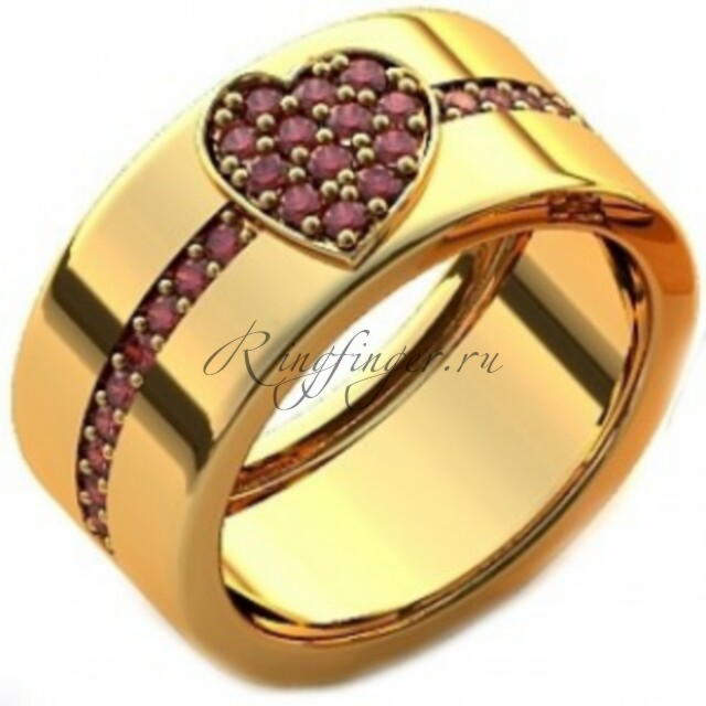 Широкое свадебное кольцо с большим рубиновым сердцем