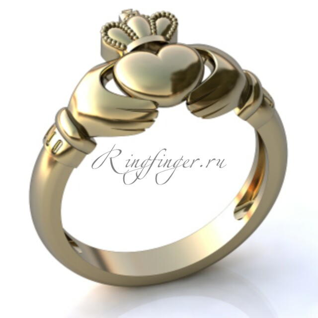 Эффектное кольцо для свадьбы с сердцем в руках и короной