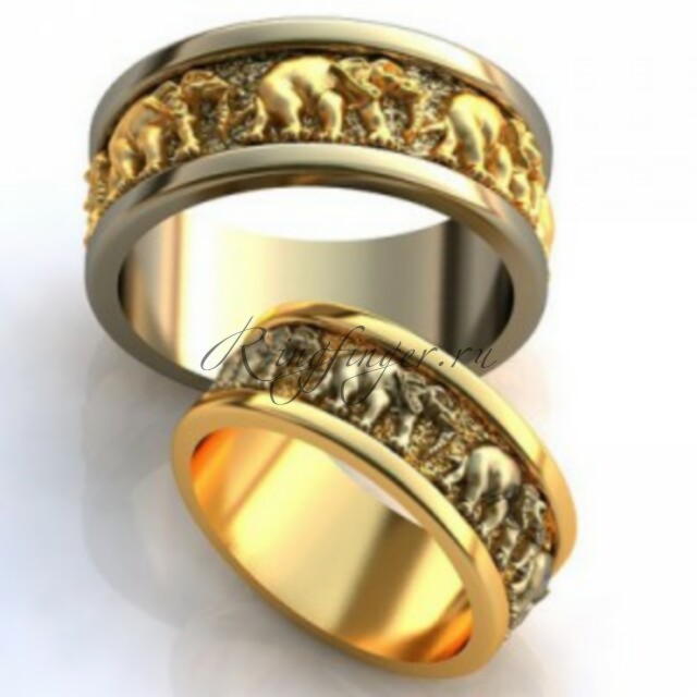 Широкое венчальное кольцо с объемным изображением животных